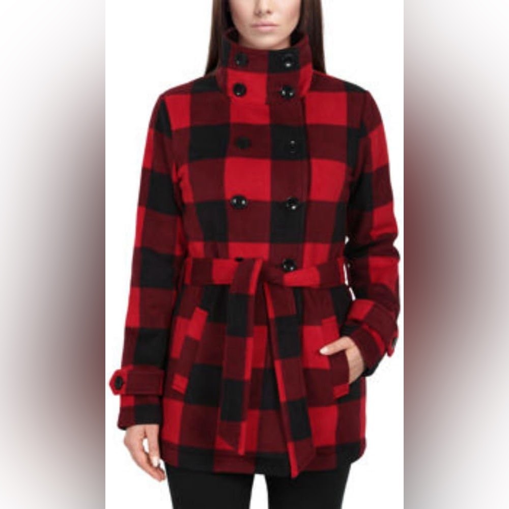 Ike Behar Red Buffalo Plaid Double Breasted Fleece Coat Size 8